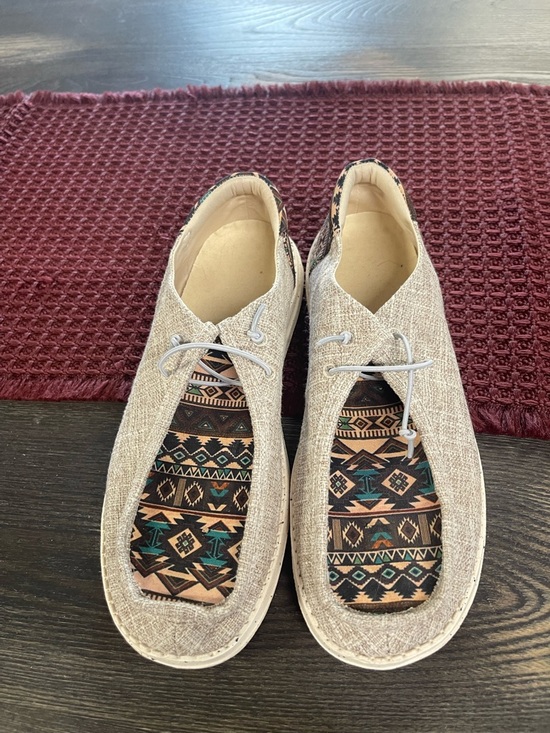 Shoes - Casual Beige Women’s or Men’s Slip-On Shoes with Aztec Design